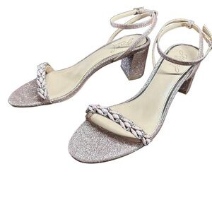 Jewel Badgley Mischka Danni Block Heel Evening Sandals Rose Gold Size 9